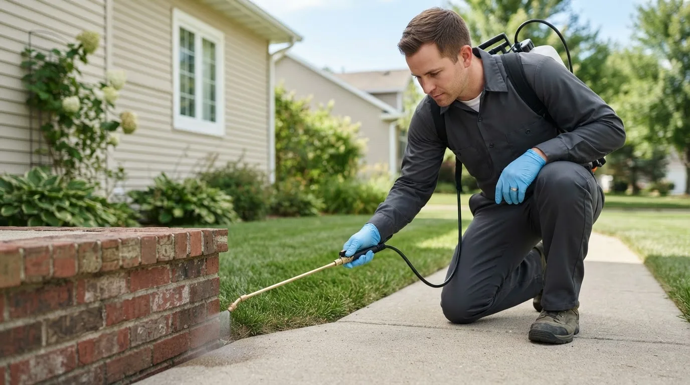 Pest control technician treating a home near Akron, IA