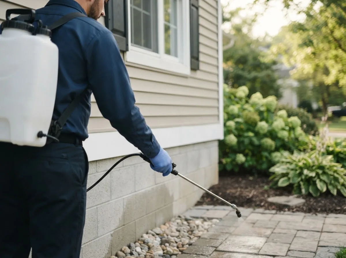 Pest control technician inspecting a home in Akron, IA